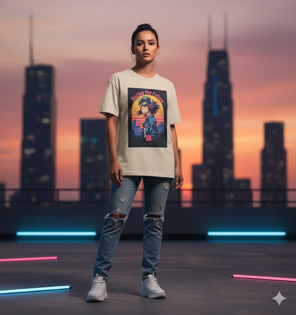 Racing the future Retro Anime Unisex Oversized Tee Gemini_Generated_Image_5qng895qng895qng
