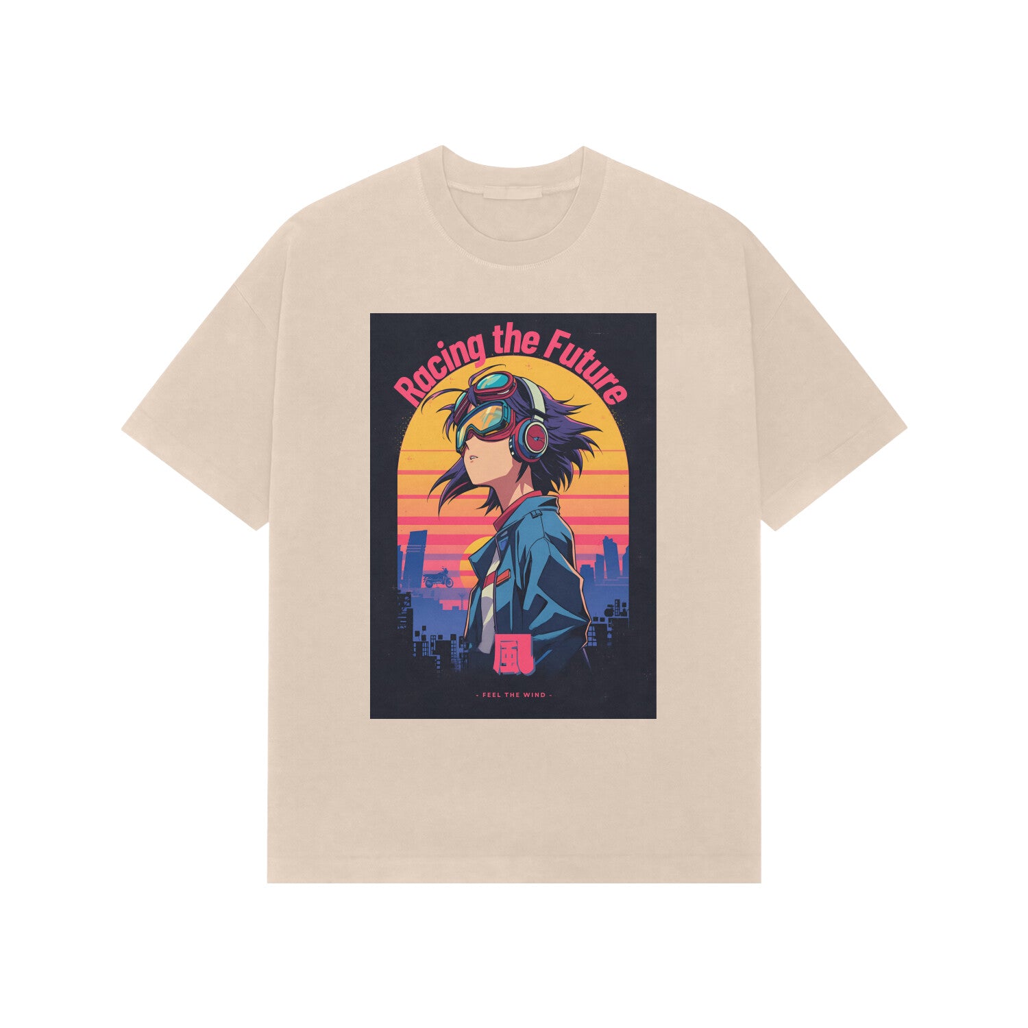 Racing the future Retro Anime Unisex Oversized Tee Beige front-6901ce7b100d9-Beige_XS_Premium_Oversized_T-shirt
